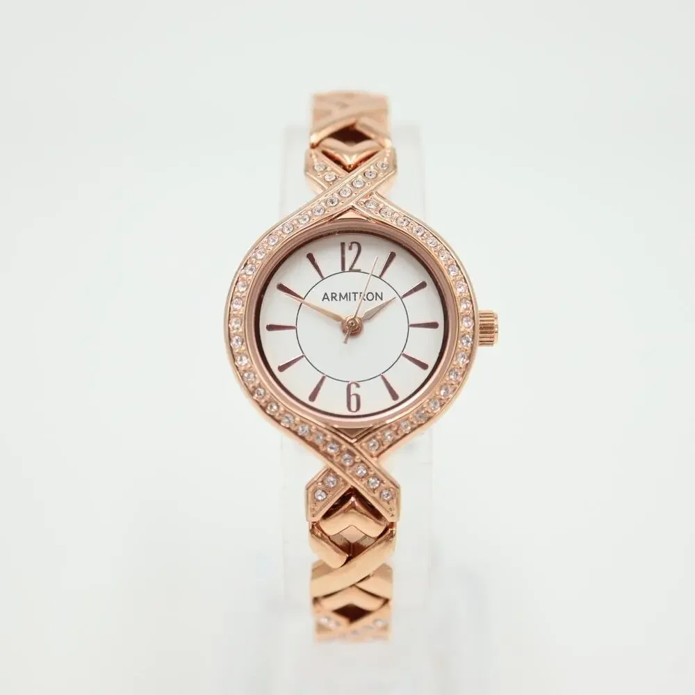 Armitron Womens Rose Gold Tone Watch 24mm Jewel Bezel Bracelet w New Battery